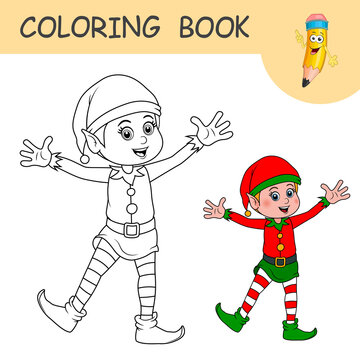 Coloring book with cartoon Elf. Colorless and color samples Santa Claus helper elf on coloring page for kids. New Year and Christmas vector icon. Black contour silhouette with a sample for coloring.