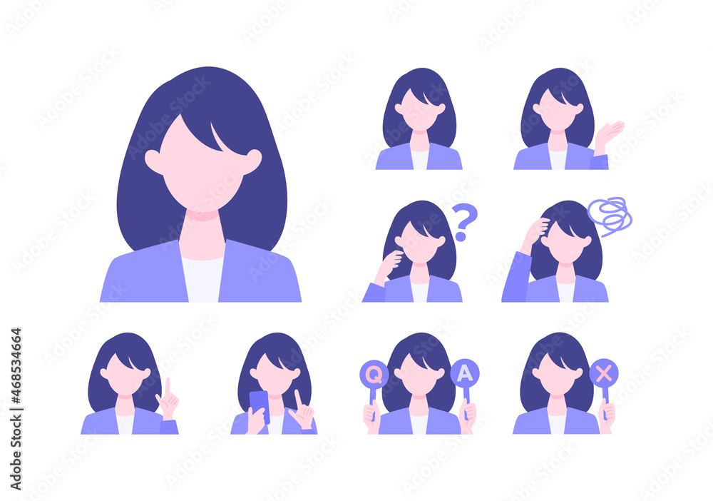 Wall mural BusinessWoman cartoon character head collection set. People face profiles avatars and icons. Close up image of smiling Woman.