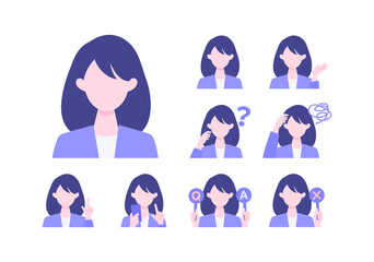 BusinessWoman cartoon character head collection set. People face profiles avatars and icons. Close up image of smiling Woman.