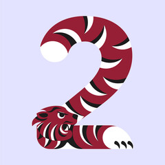 Digit 2 with stilizated tiger for create 2022 greeting card