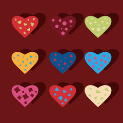 Hearts with colorful bright patterns on a maroon background, 9 pieces