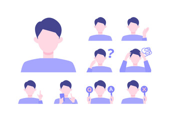 Young Man cartoon character head collection set. People face profiles avatars and icons. Close up image of smiling man.