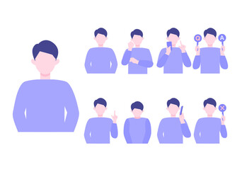 Young Man cartoon character head collection set. People face profiles avatars and icons. Close up image of smiling man.