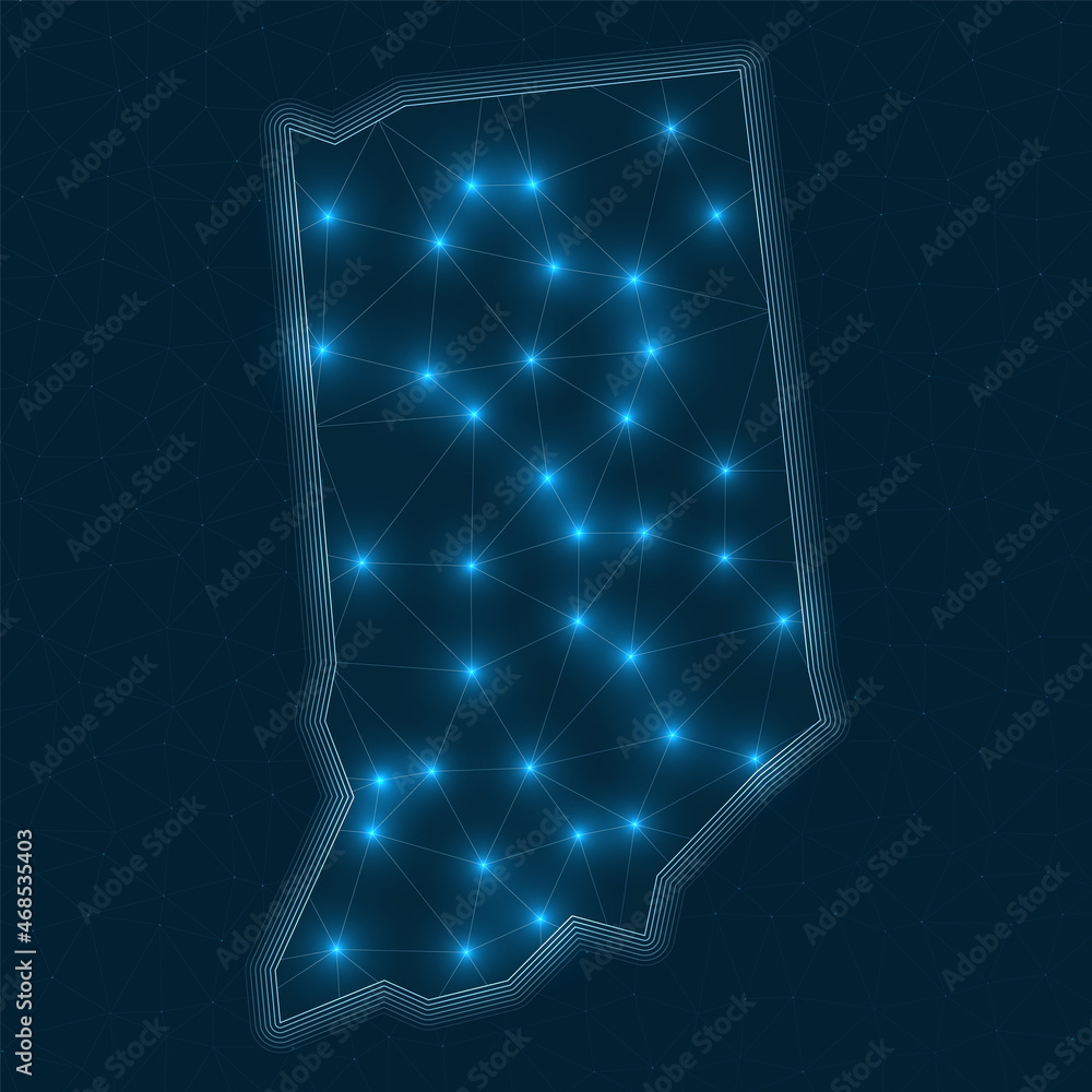 Poster indiana network map. abstract geometric map of the us state. digital connections and telecommunicati