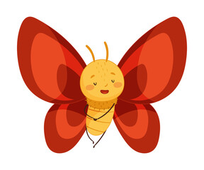 Cute baby butterfly with red wings cartoon vector illustration on white background