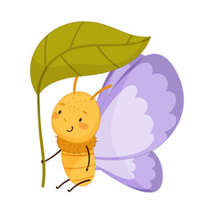 Cute baby butterfly with lilac wings and green leaf cartoon vector illustration