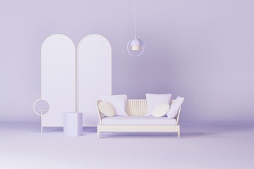 Creative composition. Interior of the room in pastel purple color with furnitures and room accessories. Light background with copy space. 3D render for web page, presentation. Healthy lifestyle