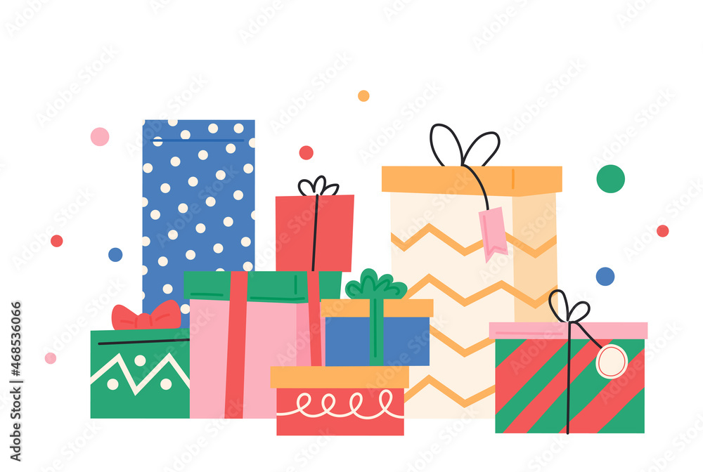 Poster gift boxes with various patterns are piled up. flat design style vector illustration.
