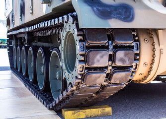 Parked tank close ups outdoors in sunny day