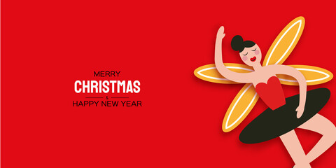 Christmas Girl Ballerina in paper cut style. Cute magic fairy toy. December Ballet party. Creative Merry Xmas invitation. Happy New Year. Winter holidays. Space for text. © masherdraws