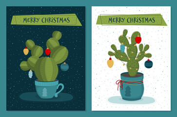 Christmas cactus decorated with balls. Vector Christmas and new year card template for your design