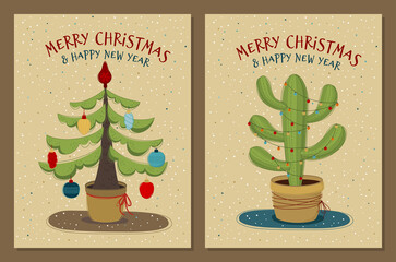 Christmas tree and Christmas cactus - Christmas vector illustration, card, banner, poster, print