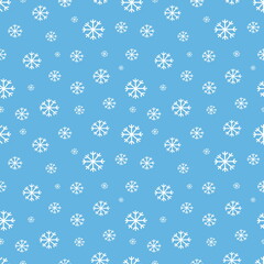 Snowflakes vector seamless pattern. Cute winter blue background with white snow. Flat abstract hand drawn print