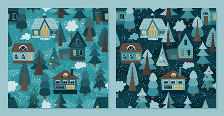Different trees and village houses - set of seamless Christmas patterns. Winter vector background for fabric, textile, wallpaper, posters, gift wrapping and paper, napkins. Print for kids