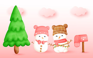 cute couple snowman are happy during the winter season.they stand between christmas tree and mail box for Christmas Day.sweet moment cartoon in love for banner.