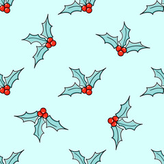 Holly branches vector seamless pattern. Doodle sketch in a minimalist style. Trendy illustration for wallpaper, paper, print, winter fabric