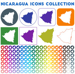 Nicaragua icons collection. Bright colourful trendy map icons. Modern Nicaragua badge with country map. Vector illustration.