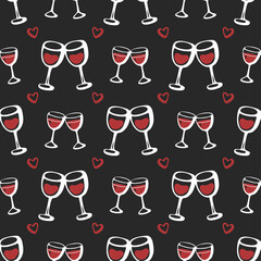 Seamless doodle pattern with couple of cheers wine glass isolated on dark black background. Vector sketch illustration.