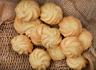 butter biscuits on a rustic farm style table with burlap