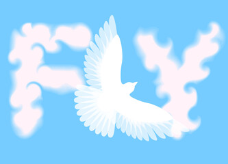 the word "fly", the letters "f" and "y" in the form of clouds, the letter "l" in the form of a flying bird on a blue background, vector image 
