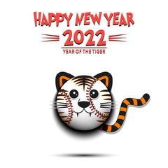 Fototapeta na wymiar Happy New year. 2022 year of the tiger. Muzzle tiger in the form of a baseball ball. Baseball ball in the form of a tiger. Greeting card design template. Vector illustration on isolated background