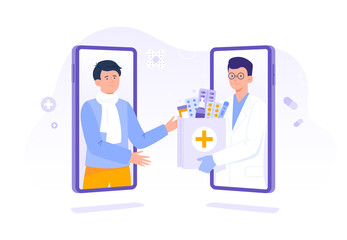 Fototapeta na wymiar A pharmacist gives an order with drugs to a man. Medical treatment. Online pharmacy, delivery drugs, prescription medicines order. Vector flat illustration.