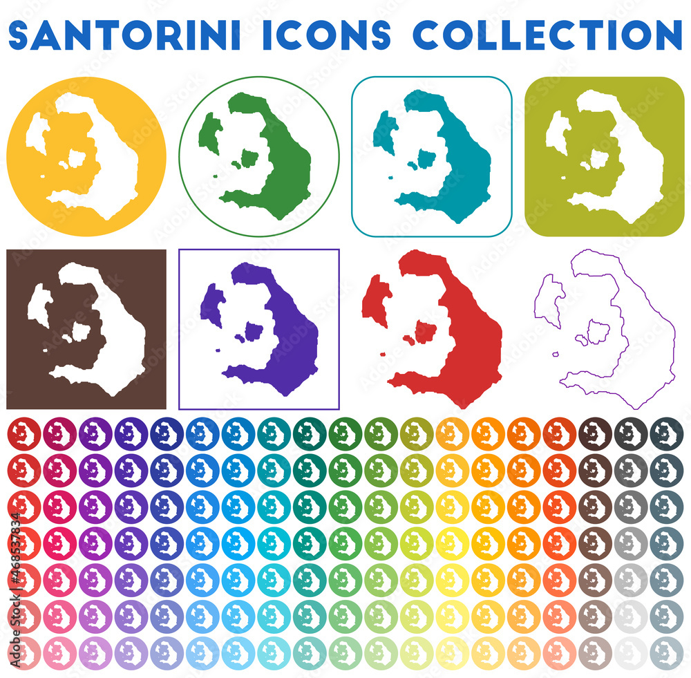 Poster santorini icons collection. bright colorful trendy map icons. modern santorini badge with island map