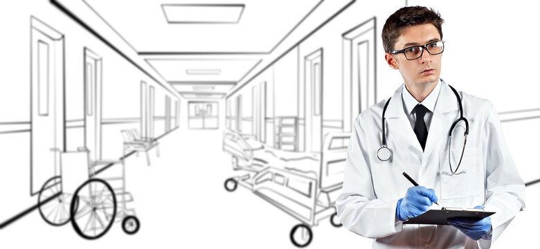 Doctor in a white coat on a background of blurred hospital corridor. The photo is combined with the illustration. Nurse on the background of the finished interior of the clinic.