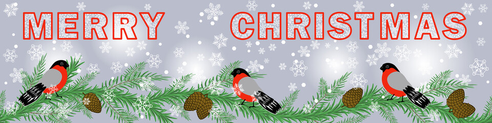 Obraz na płótnie Canvas horizontal merry christmas banner with fir branches, bullfinches and snowflakes 