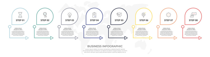 Modern vector flat illustration. Line infographic arrows template with eight elements, arrows, icons. Timeline designed for business, presentations, web design, education, diagrams with 8 steps
