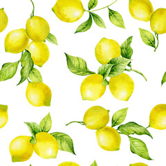 Seamless watercolor pattern. Bright yellow lemons on a white background.