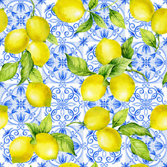 Seamless watercolor pattern. Bright yellow lemons on a background of blue tiles.