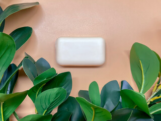Top view of a natural, organic solid soap and a plant side by side against the background of a beige presentation space. Mockup.