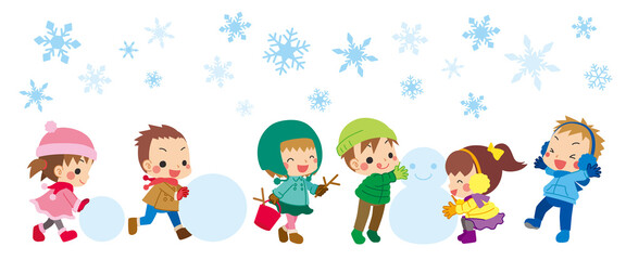 Obraz na płótnie Canvas 雪だるまを友達と作って遊ぶ可愛い小さな子供たちのイラスト　冬　クリップアート　白背景