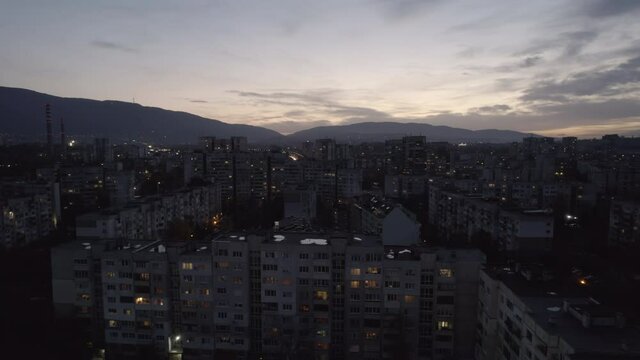 Evening urban view. Sofia Evening City Skyline and city lights.