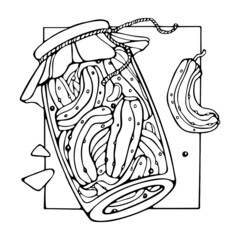 Pickled cucumbers vegetables hand-drawn vector outline illustration. For the National Pickle Day poster, The Coloring book, design menu, emblem, logo.