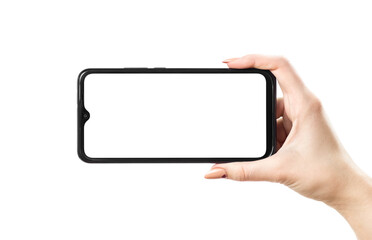 woman hand holding horizontally modern smart phone isolated on white background