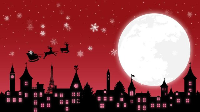 Christmas illustration banner (4K animation movie ). Santa Claus flying on a full moon night. no text version.