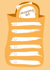 A template for a shopping list, designed in the form of a bag with a notebook sheet sticking out of it.
