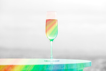 白黒風景に溶け込む虹色のシャンペングラスとテーブルと光とコピースペース