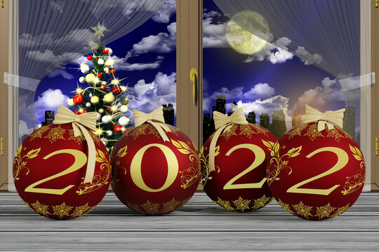Illustrazione 3D. Anno nuovo 2022. Capodanno 2022 in numeri e con decorazione natalizia.