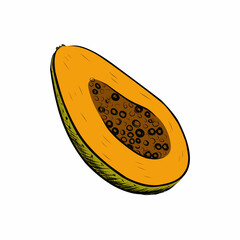 Half of a papaya fruit on a white background.