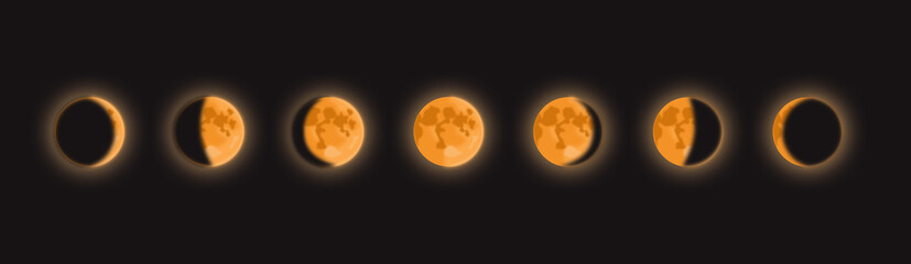 Banner with Moon phases on black isolated background. Illustration of cycle from new moon to full moon. Close-up, copy space