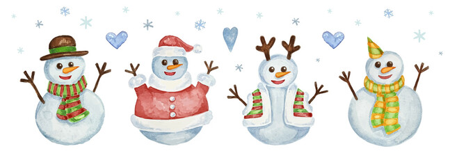 Cute Snowman set isolated on white background, hand drawn in watercolor
