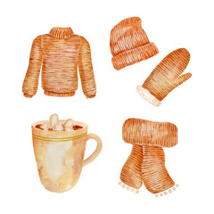 Cozy beige winter clothes set and cup of cocoa isolated on white background, hand drawn in watercolor
