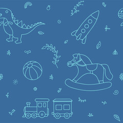 Vector doodle seamless pattern with toys. Hand draw collection of toys icons for baby shower or scrapbook. Cute illustration for children
