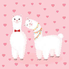 Vector illustration with a loving couple on a pink background with hearts. Suitable for baby texture, textile, fabric, poster, Valentines day card, decor. Cute alpaca from Peru.