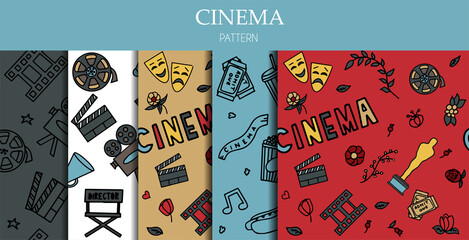 Seamless Pattern with Cinema, TV Shows, Series and Movies Funny Doodle Vector icons. Hand drawn colorful illustration. Set for podcast, awards and radio. Background