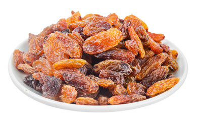 Golden dried raisins in white plate isolated on white background.