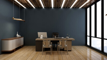 modern business office manager room with 3d design interior for company wall logo mockup